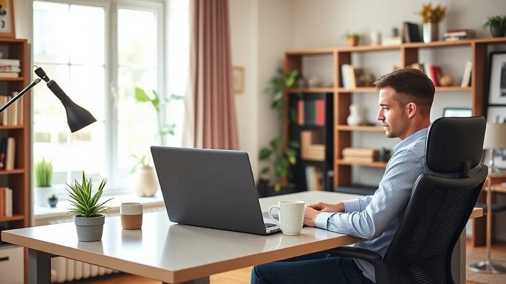 집에서 편안한 차림으로 노트북을 이용해 재택근무를 하거나 화상 회의에 참여하는 직장인의 모습. 유연한 업무 환경을 상징한다
