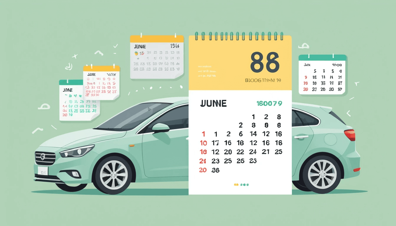 "자동차 앞에 놓인 달력과 여러 개의 벽걸이 달력이 배경으로 있는 자동차 세금 일정 일러스트