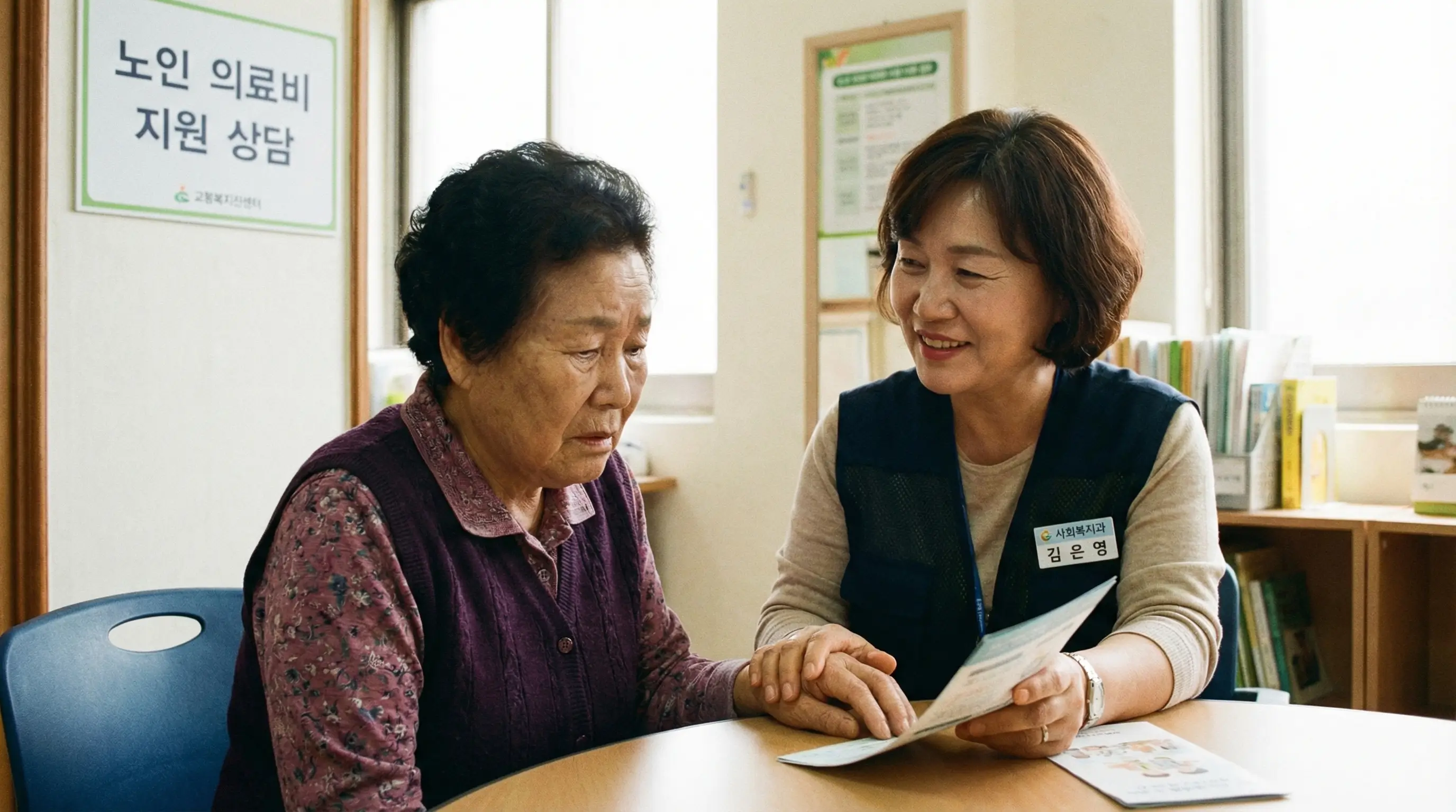 병원비 걱정으로 진료를 망설이는 노인과 이를 상담해주는 복지 공무원의 따뜻한 모습