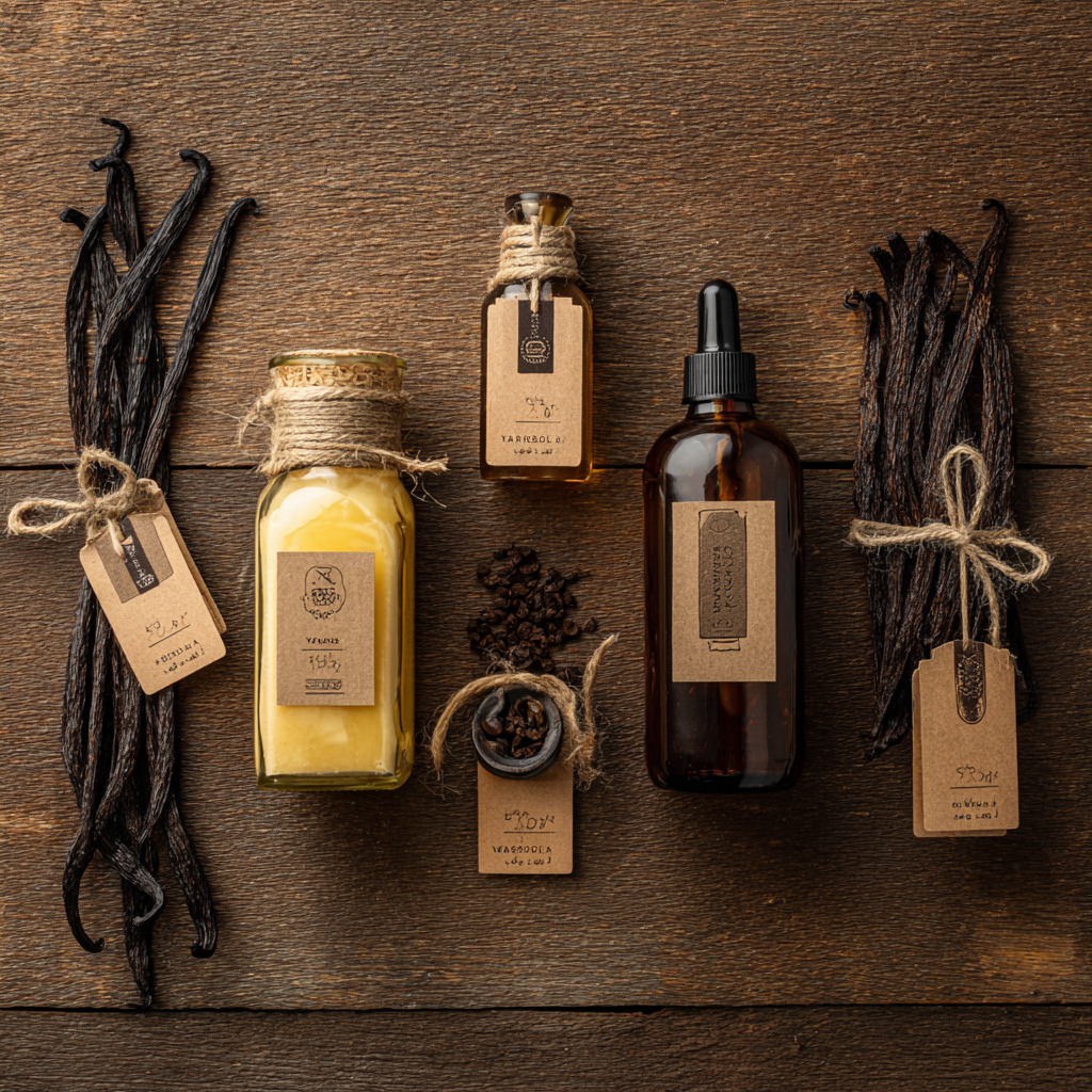 천연 바닐라 제품들의 다양한 형태와 가격대를 보여주는 평면 사진