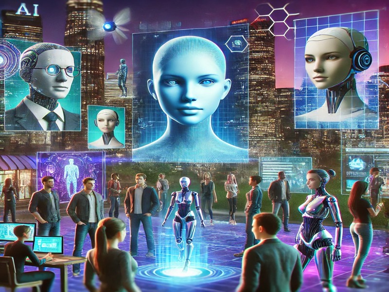 AI 기술이 접목된 가상 아바타 개념을 표현하는 그래픽 - 얼굴 인식, 음성 합성, 자연어 처리, 모션 캡처 등의 기술이 적용된 디지털 캐릭터들이 인터페이스와 연결된 모습
