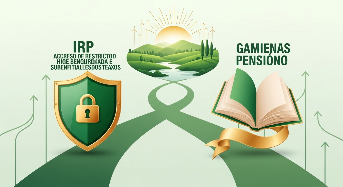 IRP와 연금저축 중 어떤 노후 자금 준비가 나에게 맞을까 고민하는 사람이 두 갈래 길 앞에서 서 있는 모습. 안정적인 IRP 길과 유연한 연금저축 길, 두 길이 푸른 노후 풍경으로 이어집니다.