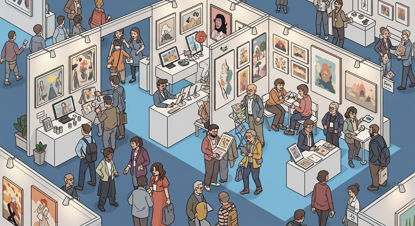 다양한 스타일의 일러스트레이터들이 아트 페어에서 작품을 선보이고 교류하는 활기찬 모습, 일러스트 시장의 새로운 기회와 성장을 나타냅니다.
