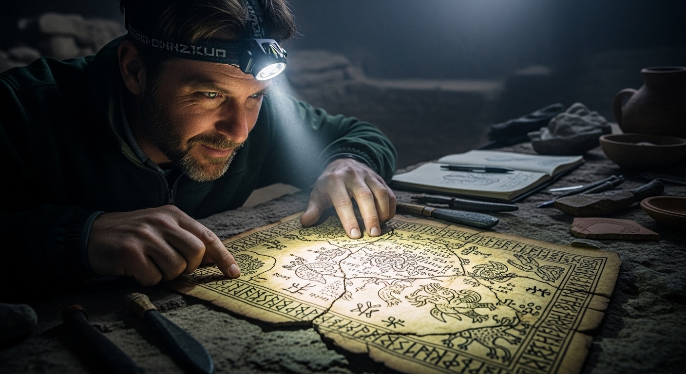 고대 유적지에서 북유럽 신화의 단서를 연구하는 고고학자의 모습