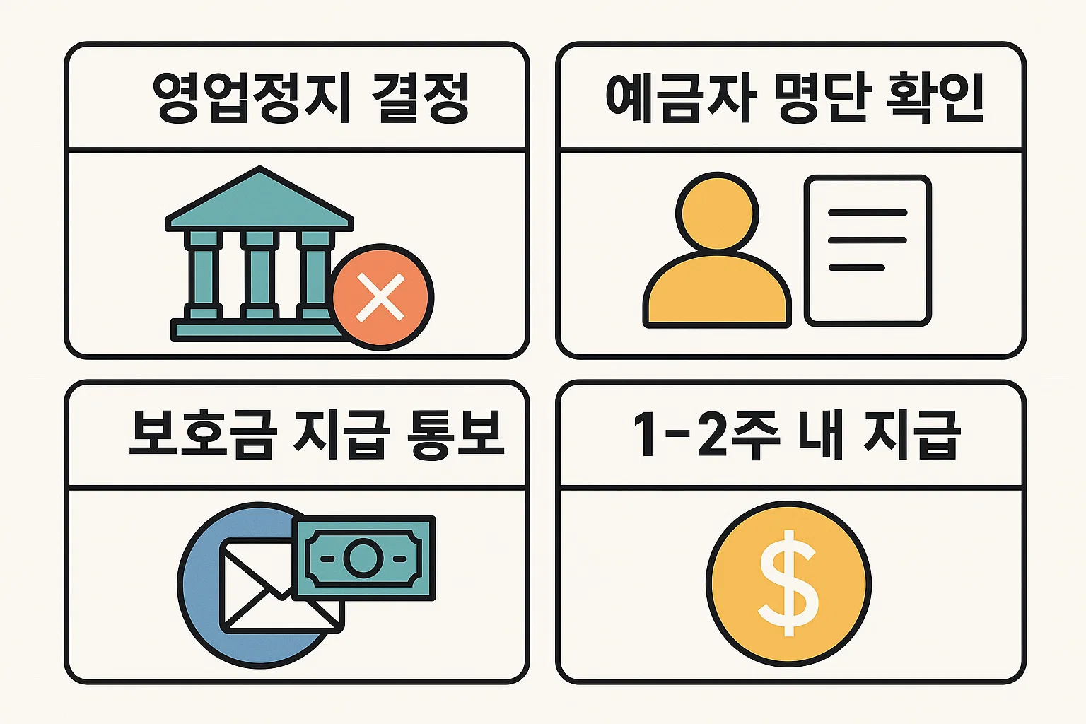 금융기관 영업정지 시 예금자 명단 확인부터 보호금 지급 통보, 실제 지급까지의 전 과정을 순서대로 설명한 2025년 보호 절차 요약 인포그래픽.