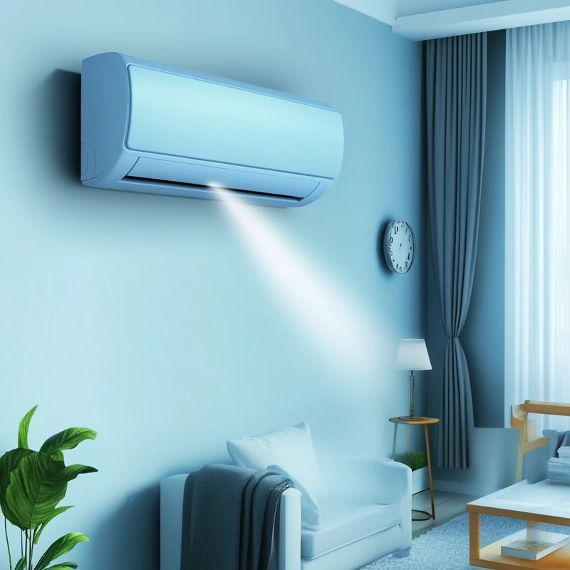 거실에 설치된 벽걸이 에어컨이 부드럽게 공기를 순환시켜 편안한 분위기를 조성하며, 세련된 인테리어와 부드러운 파스텔 톤이 조화를 이루고 있습니다. 현대적 디자인과 자연 조명으로 완성된 아파트.
