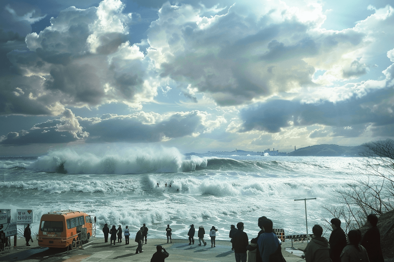 바다에서-몰려오는-해일을-지켜보는-사람들