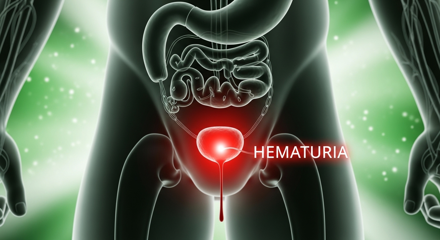 남성 비뇨기계에 혈뇨를 시각적으로 나타낸 이미지. 소변에 피가 섞여 나오는 전립선암의 중요 경고 신호.