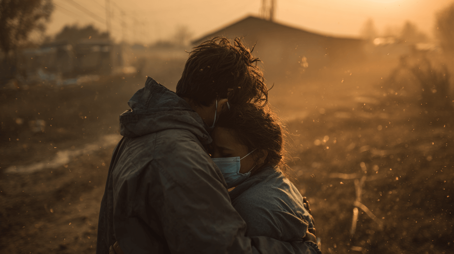 황폐해진-마을-한가운데서-서로-안고-있는-남, 여