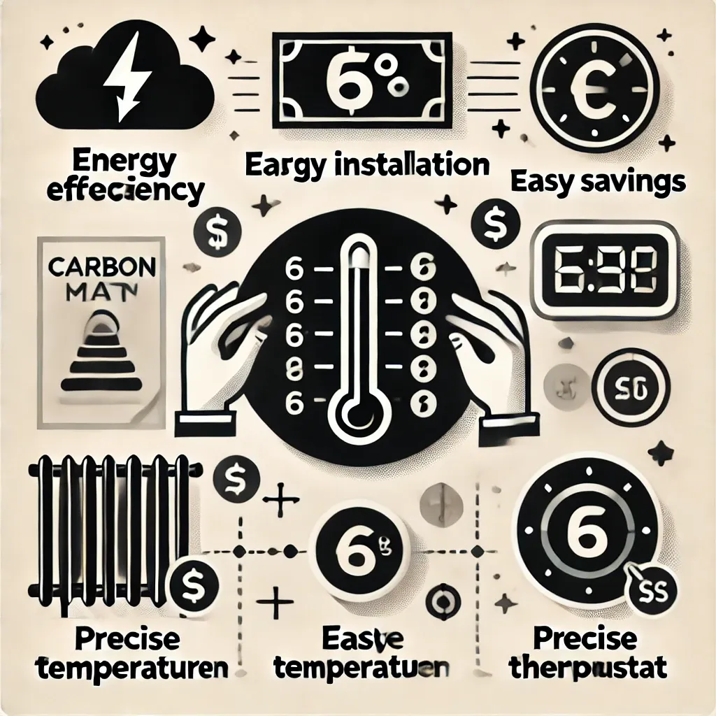 에너지 효율&amp;#44; 간편한 설치&amp;#44; 정밀한 온도 조절 등 카본매트의 장점을 설명하는 인포그래픽