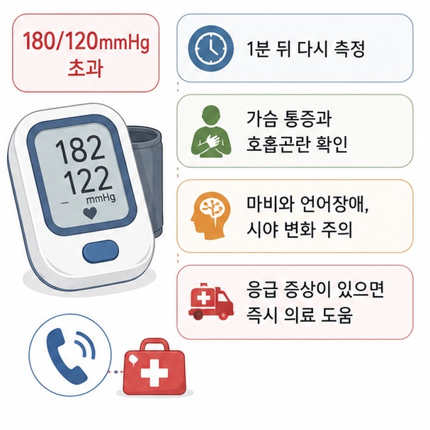 혈압이 180/120mmHg보다 높은 상태에서 가슴 통증과 호흡곤란, 마비나 시야 변화, 언어장애가 나타나면 신속한 응급의료가 필요함을 보여 주는 그림