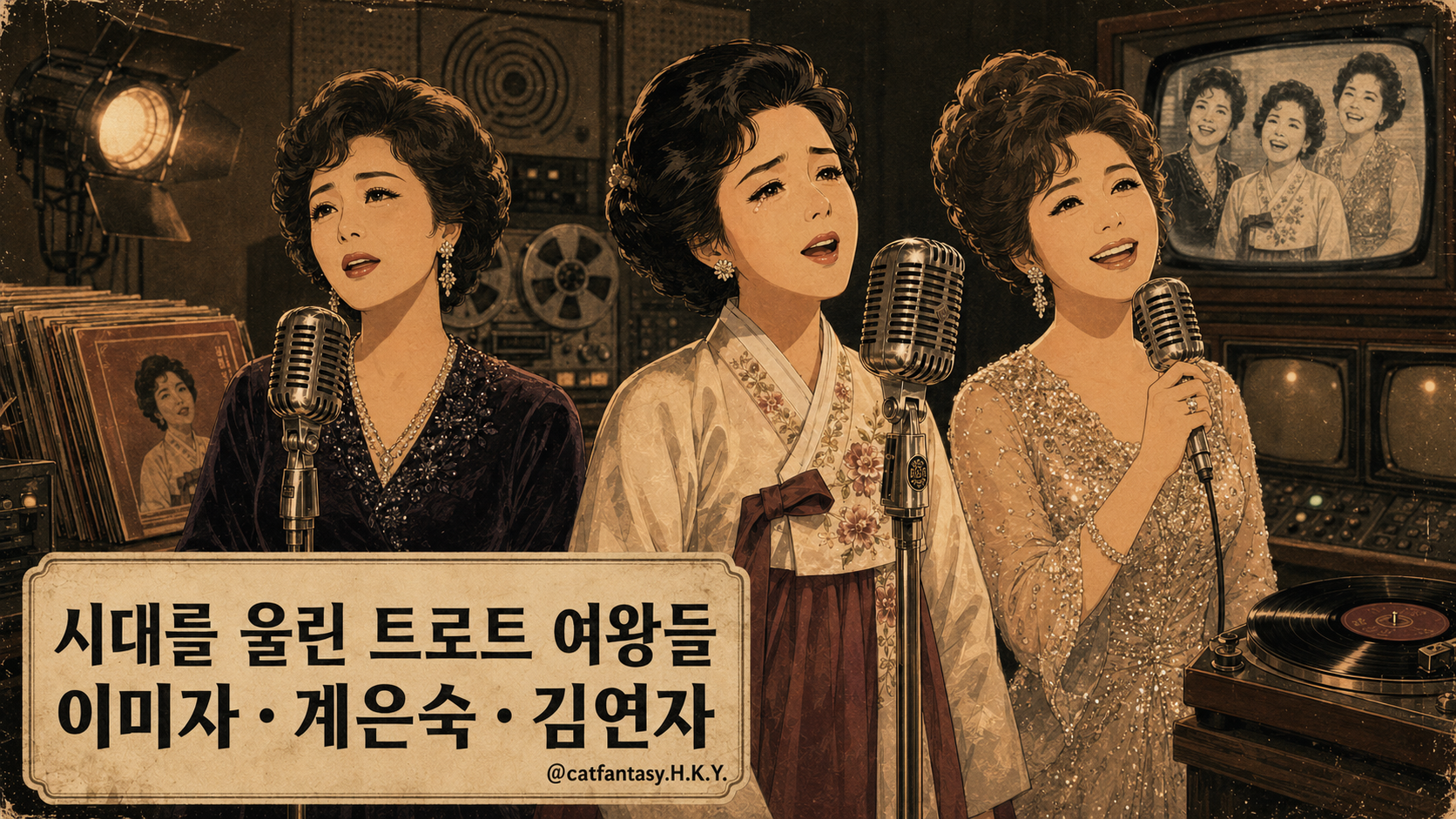 "시대를 울린 트로트 여왕들 이미자, 계은숙, 김연자의 빈티지한 무대 모습과 '시대의 아이콘' 타이틀이 담긴 일러스트 이미지"
