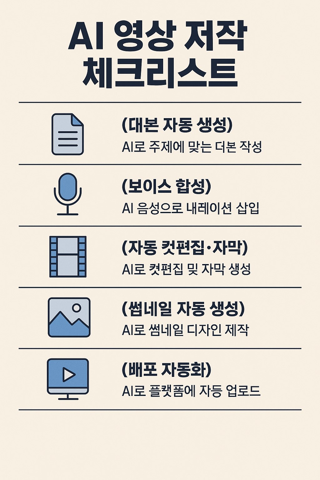 AI 영상 제작 체크리스트 인포그래픽: 대본-보이스-편집-썸네일-배포 단계별 자동화 포인트