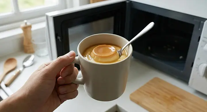 머그컵 푸딩의 중앙이 젤리처럼 흔들리는 상태를 보여주는 성공 체크 사진