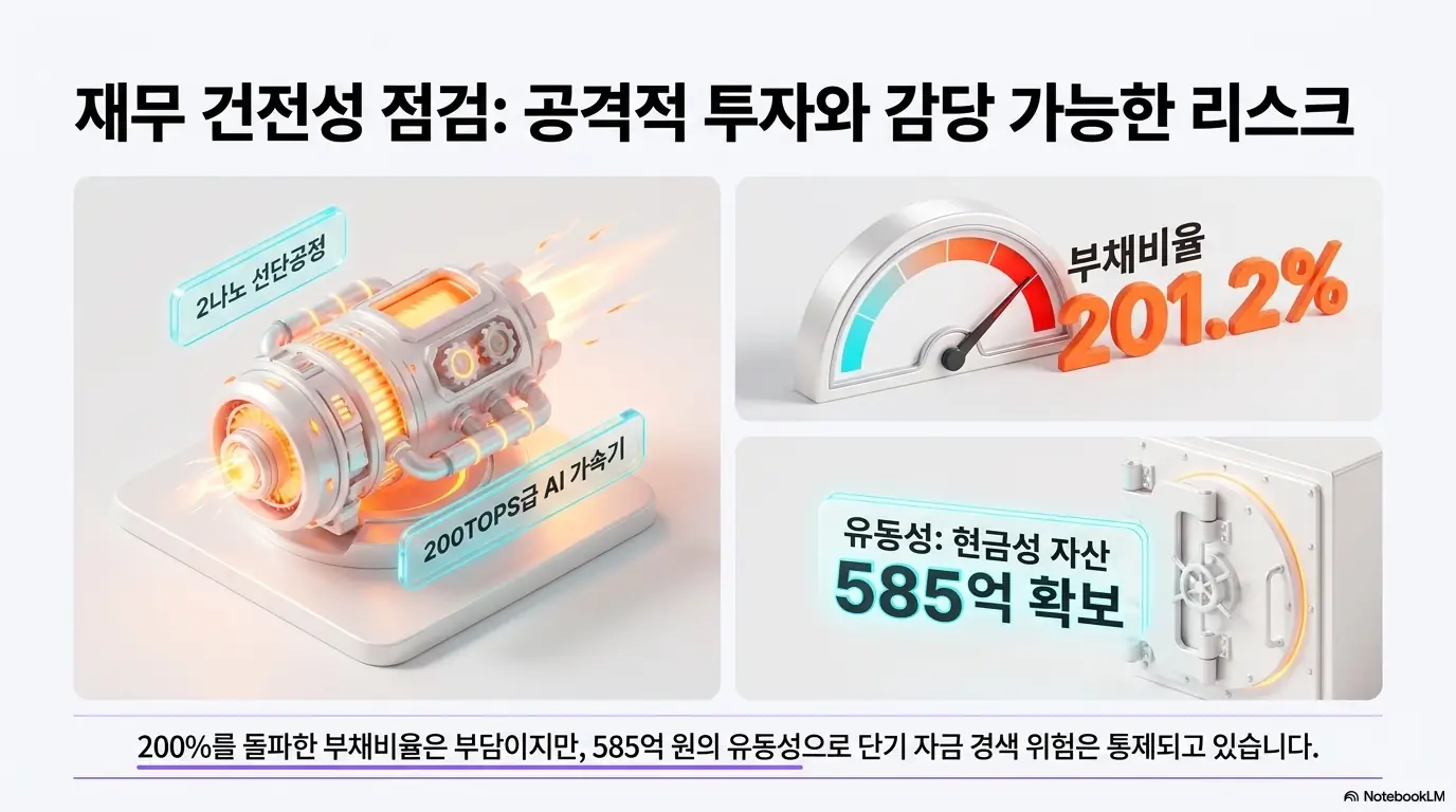 가온칩스 주가 전망: 부채비율 201.2%와 현금성 자산 585억 원 확보를 계기판과 금고로 표현한 가온칩스 재무 건전성 인포그래픽. 200%를 넘은 부채비율 부담과 함께 충분한 유동성으로 단기 자금 경색 위험이 통제되고 있다는 점을 시각적으로 전달하며&amp;#44; 가온칩스 재무 리스크를 설명함.