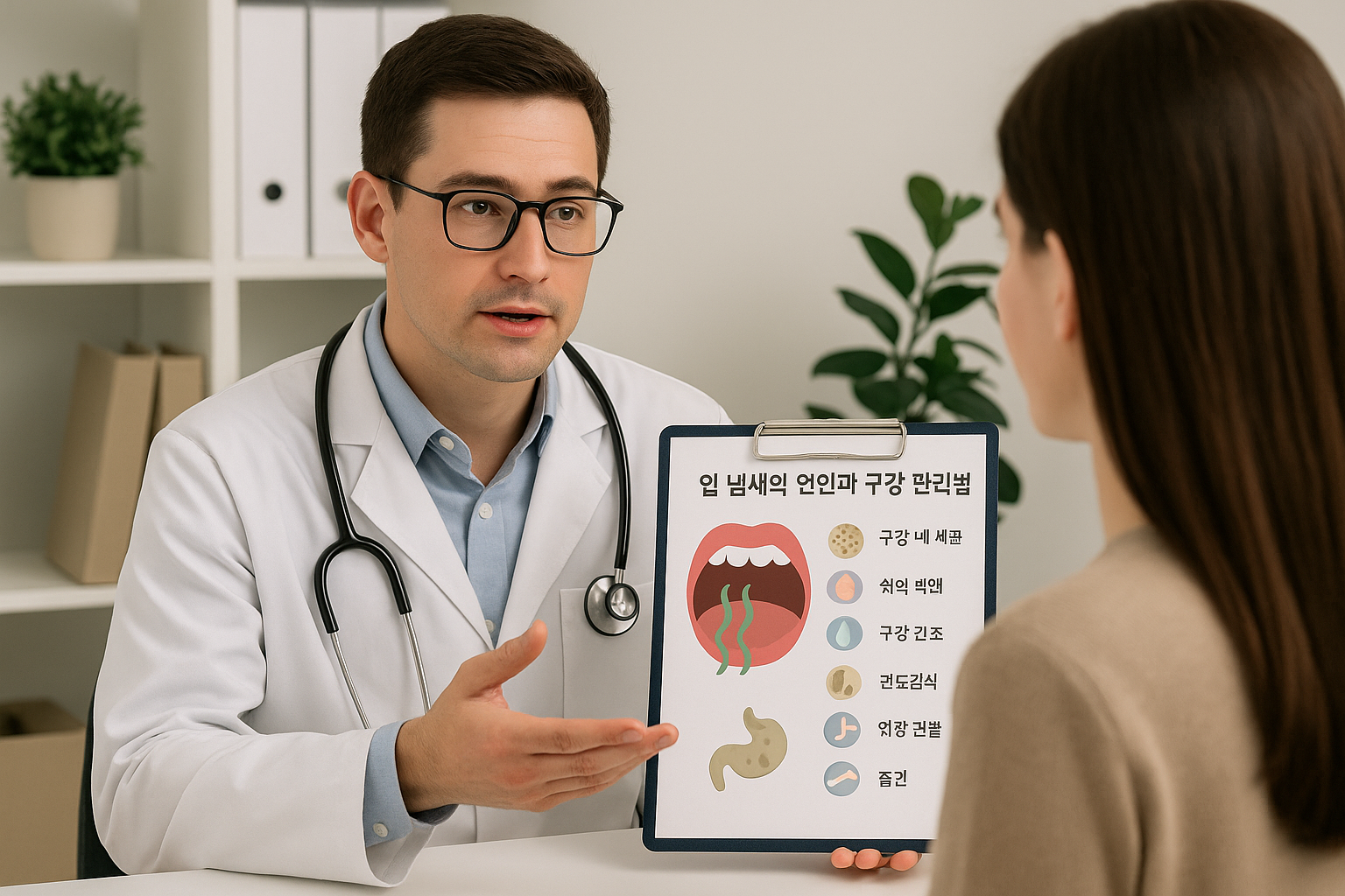 입 냄새 원인을 설명하는 치과 상담 장면