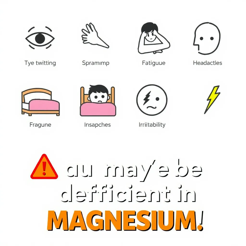 눈 떨림, 근육 경련, 불면증, 피로감, 두통, 짜증 등의 아이콘들이 나열되어 있고, 그 아래에는 '마그네슘 부족일 수 있어요!'와 같은 경고 메시지가 시각적으로 두드러지게 표현됩니다.
