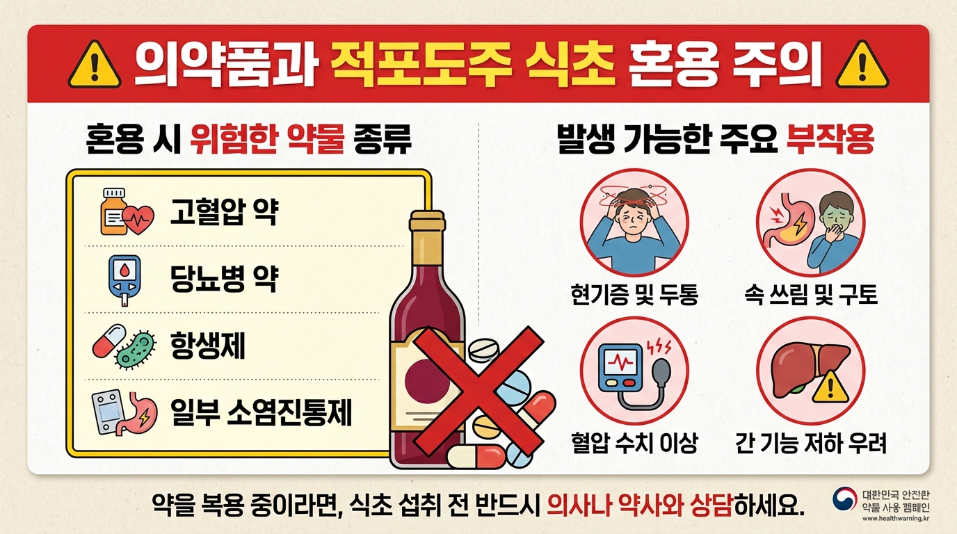 약물과 레드와인비니거 섭취 시 발생할 수 있는 부작용에 대한 경고 이미지