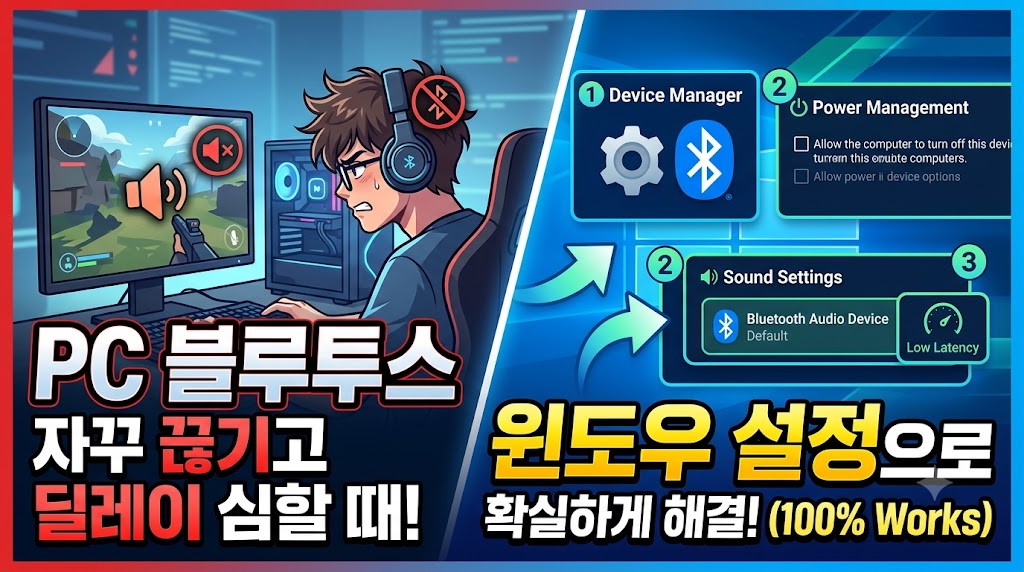 윈도우 PC 화면 앞에 놓인 무선 블루투스 이어폰과 설정 아이콘 그래픽