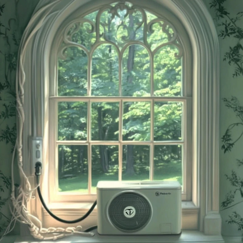 고급스러운 디자인의 LG 에어컨이 에너지 효율 라벨을 자랑하며, 환경 친화적인 기술력과 우아한 주거공간이 조화를 이루고 있다.