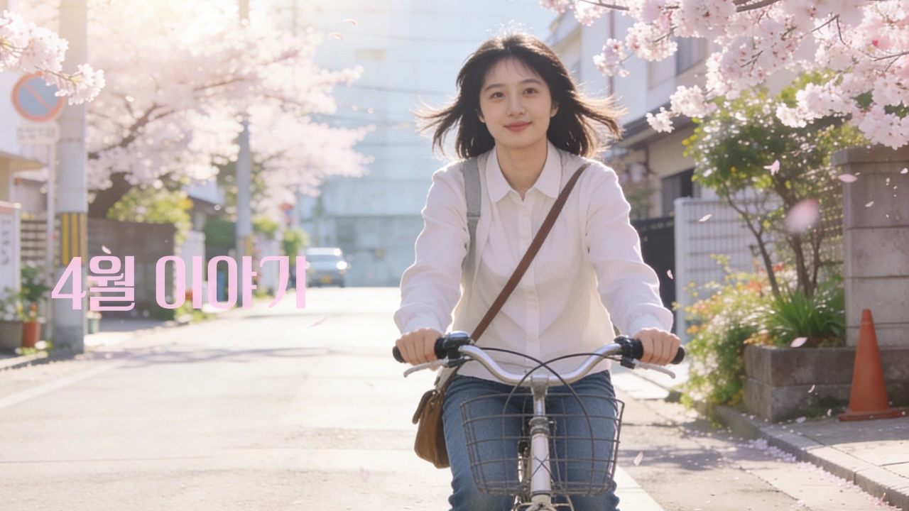영화 4월이야기 1998 리뷰용 커스텀 썸네일, 벚꽃 잎이 흩날리는 화사한 봄날의 거리에서 자전거를 타고 달리는 여대생의 청순하고 아련한 모습