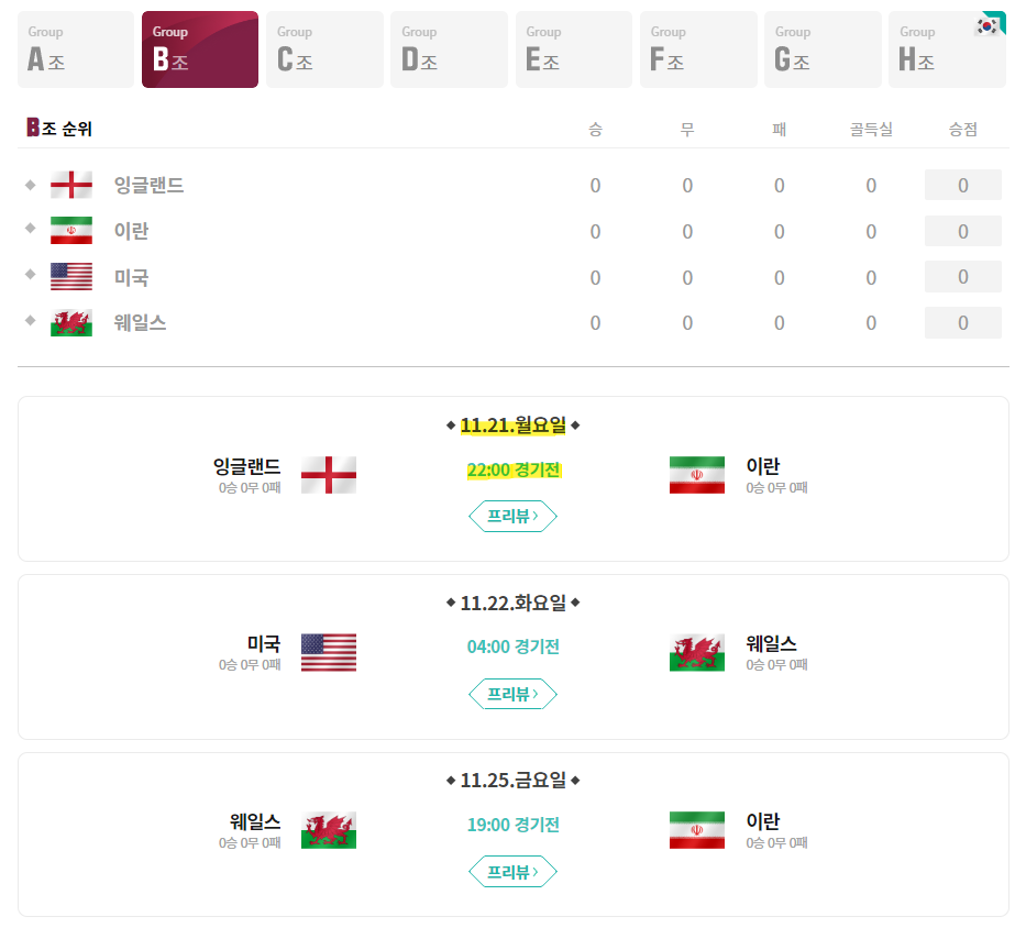 2022 카타르 월드컵 B조 잉글랜드와 이란 경기일정