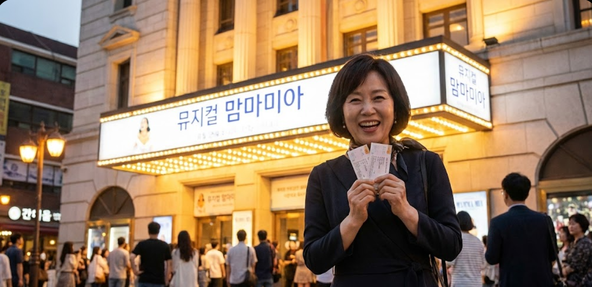 문화누리카드로 예매한 공연 티켓을 들고 공연장 입구에서 설레는 표정을 짓고 있는 여성