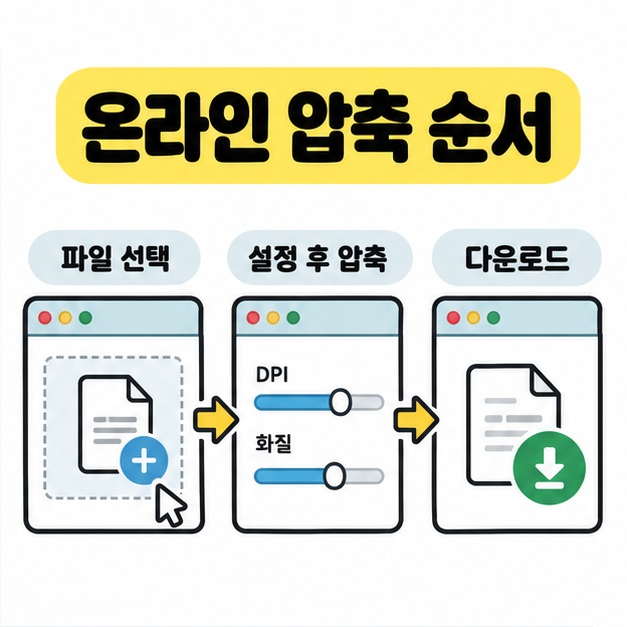 온라인 압축을 파일 선택, DPI와 화질 설정 후 압축, 다운로드 순서의 브라우저 화면 세 개로 설명한 그림