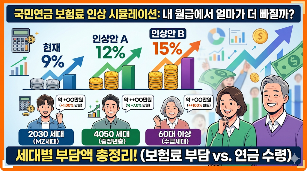 국민연금 보험료 9%·12%·15% 인상 시뮬레이션: 내 월급에서 얼마가 더 빠질까? 세대별 부담액 총정리