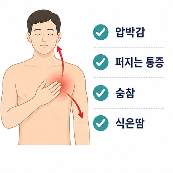 가슴 압박감과 팔&middot;턱으로 퍼지는 통증, 숨참&middot;식은땀을 확인하는 이미지