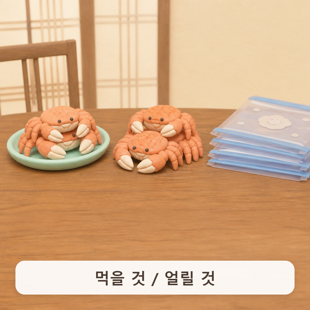 식탁 위에 꽃게를 두 무더기로 나눠 놓은 모습