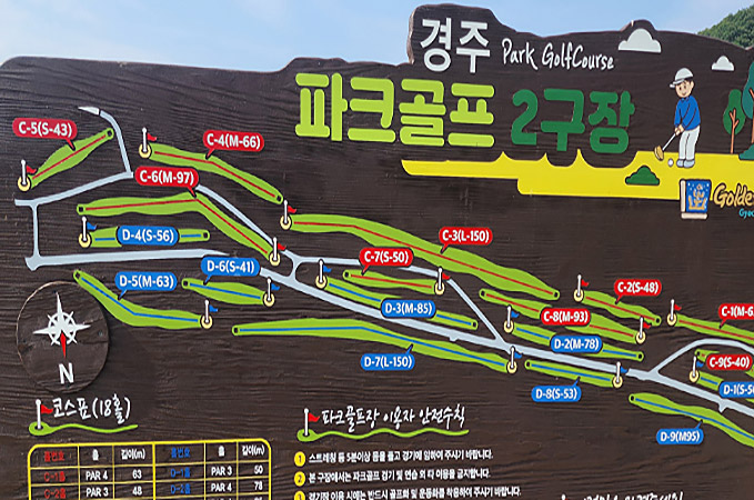 경주파크골프장 (총36홀) 경주시 석장동과 충효동 서천둔치 천변에 길게 조성