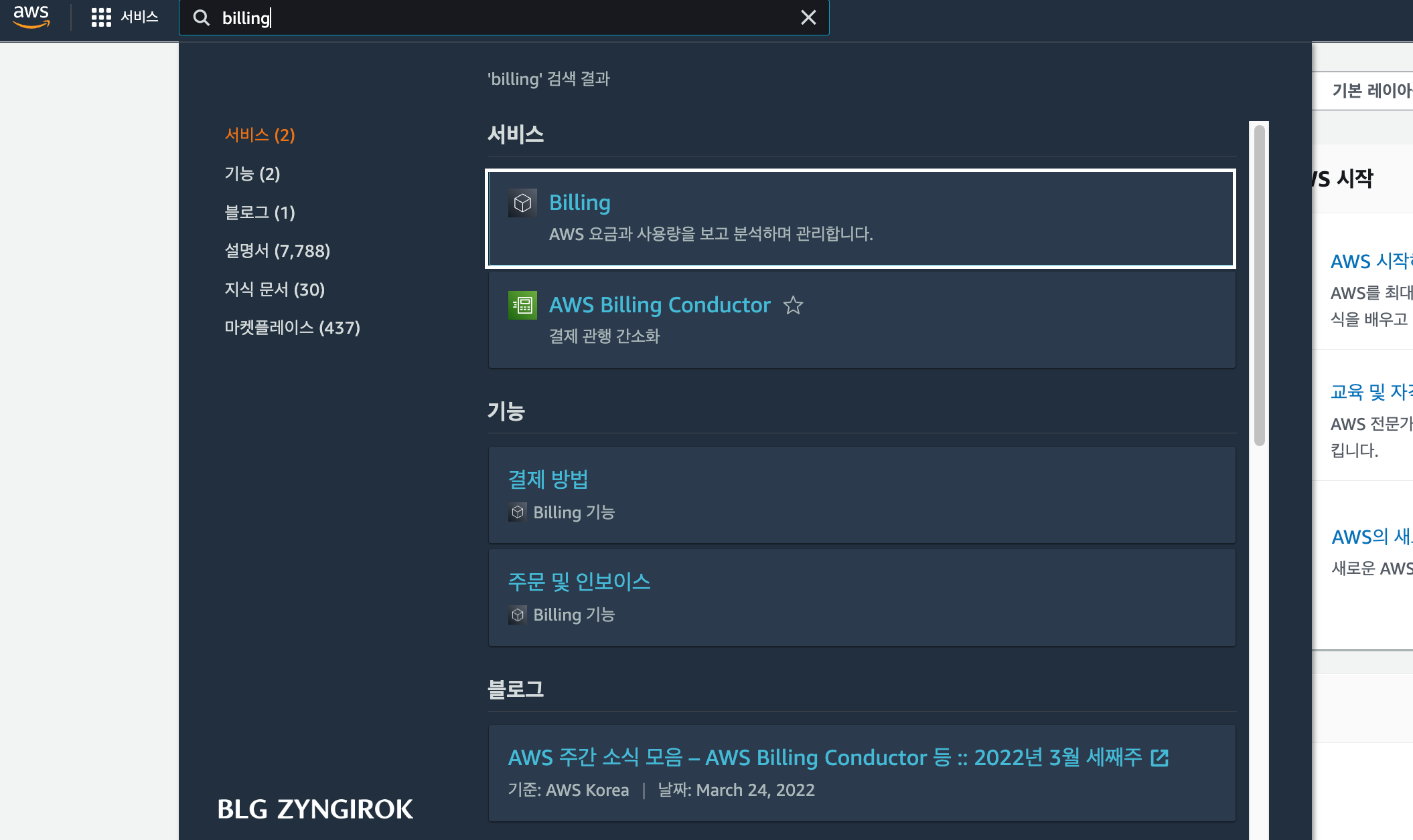 aws-웹사이트-검색창에서-billing을-검색한-모습이다.