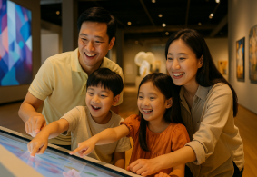 과학관에서 체험하며 즐거워하는 가족