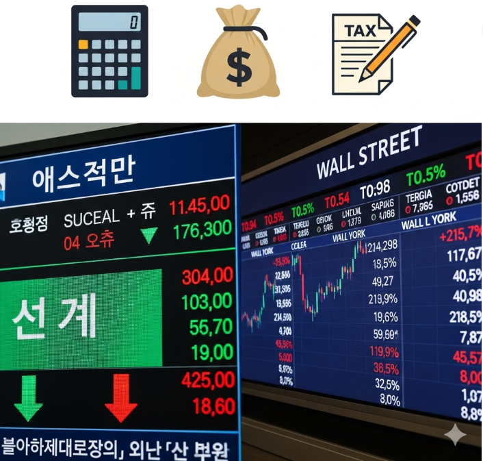 한 화면에 대한민국 서울의 주식 시장 전광판과 미국 뉴욕 월스트리트의 증권 시장 전광판이 나란히 비춰져 있고, 그 위에 세금 관련 아이콘들이 표시되어 있다.