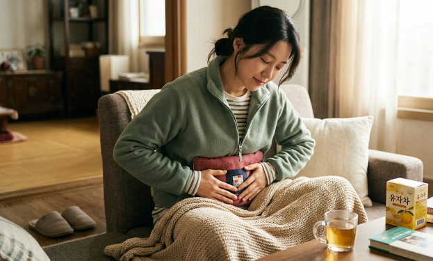 하복부를 따뜻하게 감싸거나 온찜질을 하는 모습