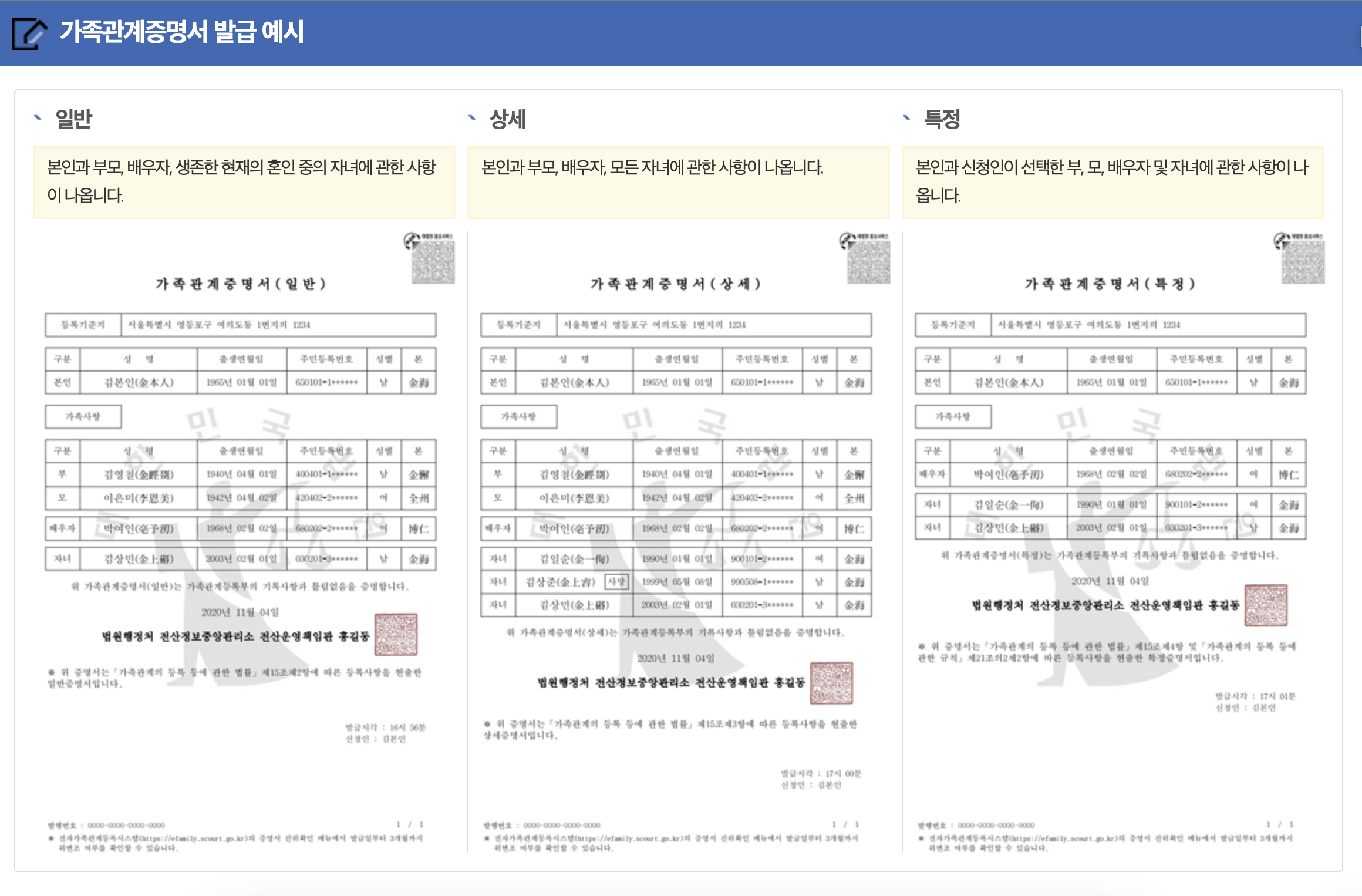 가족관계증명서 인터넷발급 민원24, 3분안에 무료로 발급받기 : 발급 신청하기 예시