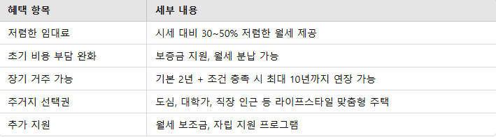 청년임대주택의 주요 혜택과 지원 내용 요약