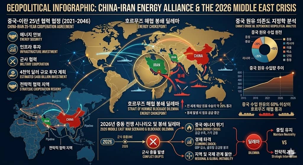 파일명: china_iran_energy_alliance_hormuz_dilemma_2026.jpg Alt 태그: 중국 이란 에너지 동맹 25년 협력 협정 호르무즈 봉쇄 딜레마 2026년 중동 전쟁 중국 원유 의존도 지정학 인포그래픽
