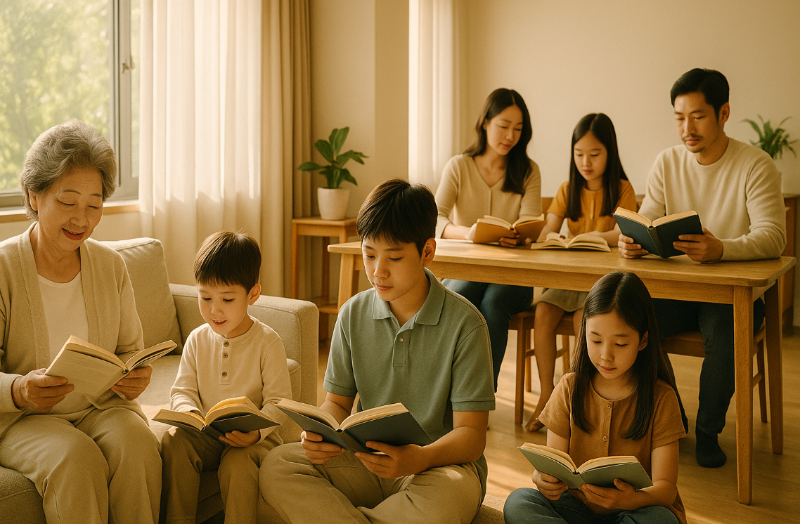 휴일 아침 온 가족이 모여서 독서를 즐기는 다복한 가정의 모습