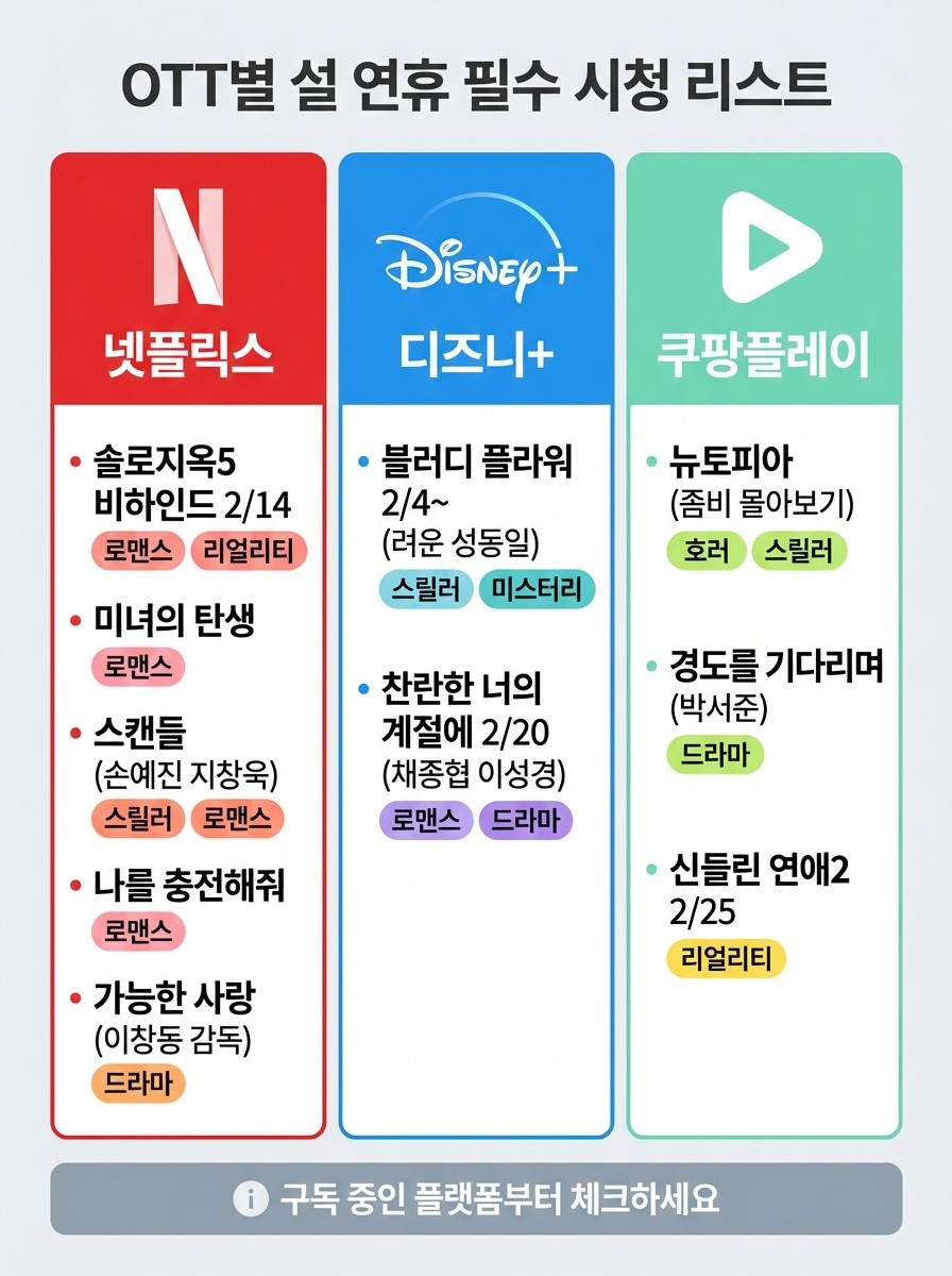 OTT별 설 연휴 필수 시청 리스트 - 넷플릭스, 디즈니플러스, 쿠팡플레이 추천 콘텐츠