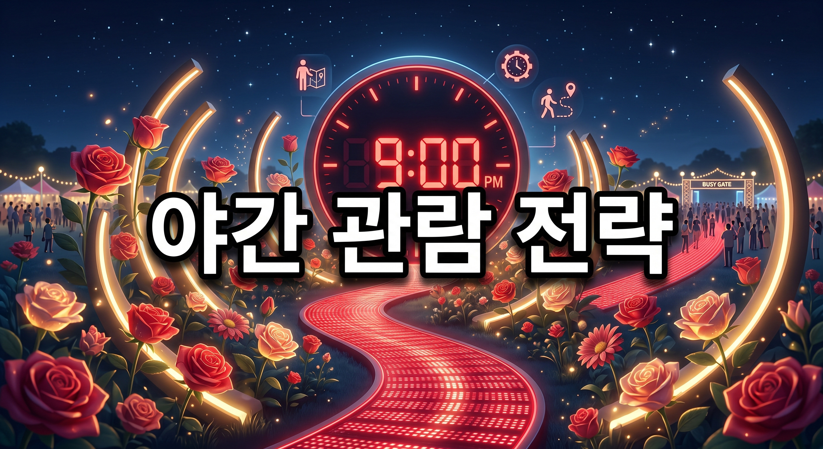 별이 빛나는 짙은 푸른 밤하늘 아래 조명이 켜진 붉은 장미들에 둘러싸여 밤 9시를 가리키는 빛나는 붉은색 디지털 시계와 혼잡한 곳을 벗어나는 붉은색 경로가 있는 3D 일러스트 배경에, 짙은 그림자와 외곽선으로 선명하게 강조된 '야간 관람 전략'이라는 한글 문구가 중앙에 적힌 이미지