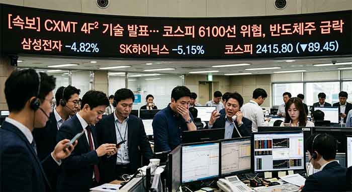 주식 시장 전광판의 속보와 긴장된 트레이더들.