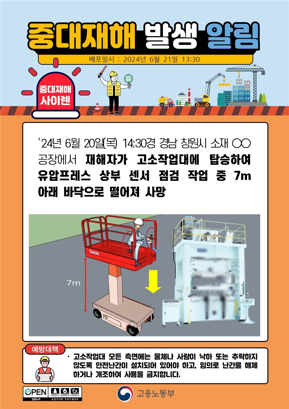 고소작업대 탑승 후 유압프레스 상부 센서 점검 작업 중 떨어짐(7m)