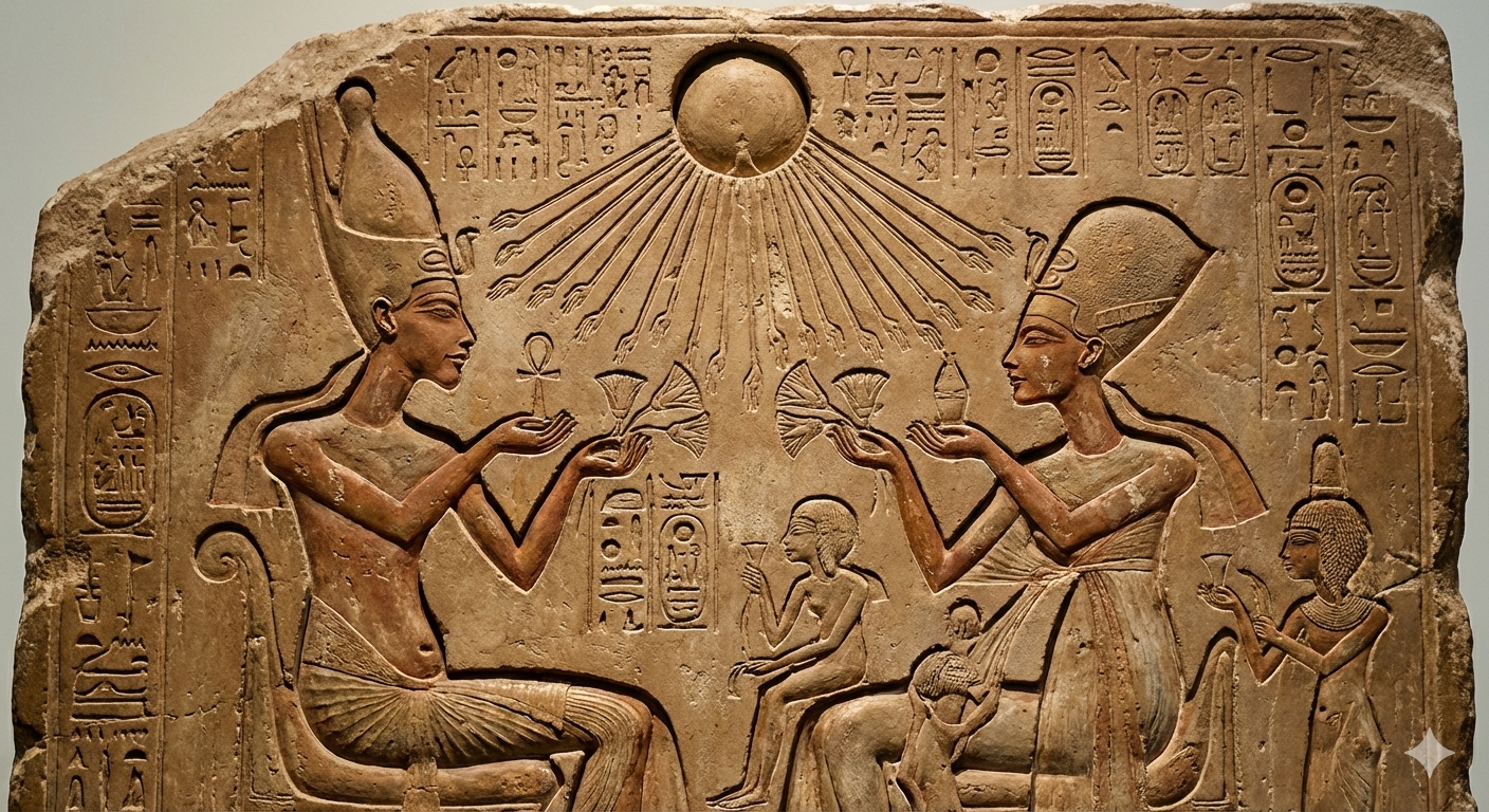 An ancient Egyptian limestone relief from the Amarna period depicting Pharaoh Akhenaten, Queen Nefertiti, and their three daughters under the rays of the sun disk Aten, which ends in small hands holding ankh symbols.