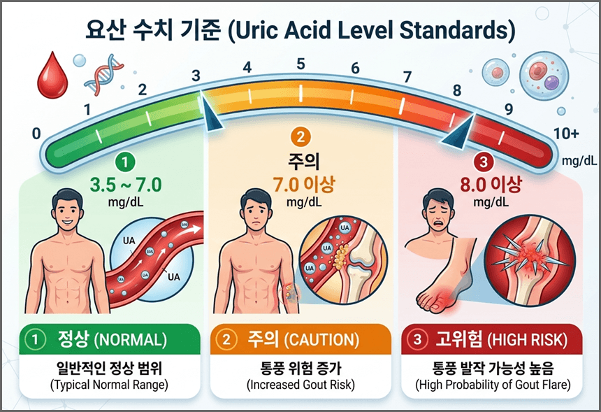 요산 수치 기준|정상 수치와 통풍 위험 구간 안내표