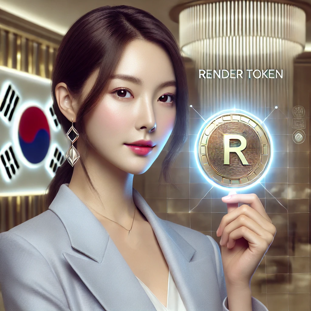 디테일한 메이크업&amp;#44; 긴 검은 머리와 귀걸이를 한 매력적인 아시아 여성으로&amp;#44; 회색 양복 재킷을 입고 찢어진 부분을 드러내고 고급스러운 실내 환경에 서서 &amp;quot;렌더 토큰 (Render Token)&amp;quot; 이라는 글자가 새겨진 금 암호 화폐의 홀로그램 디스플레이를 들고 있으며&amp;#44; 한국 국기가 배경에 희미하게 보입니다.