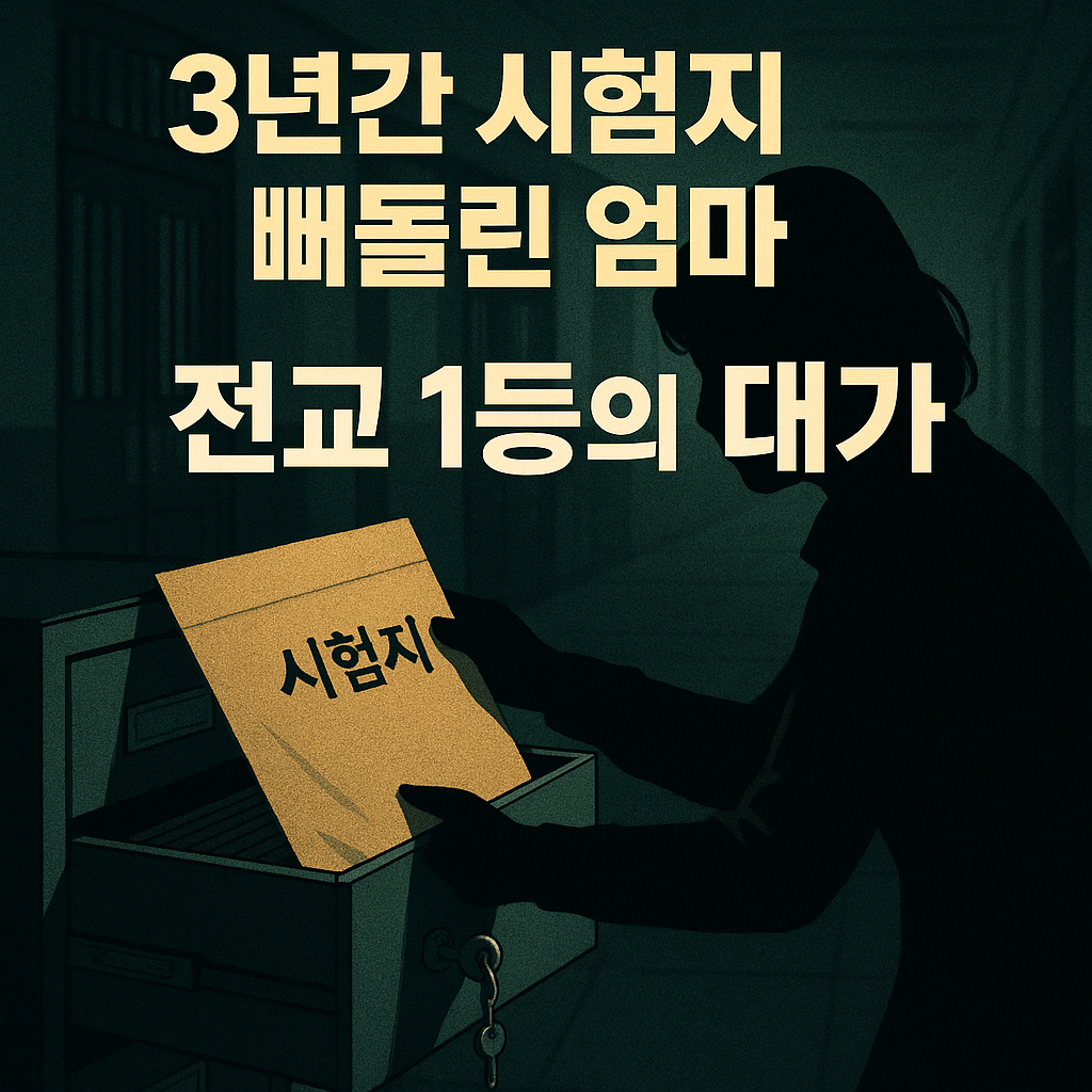 시험지를 금고에서 훔쳐가는 실루엣 여성과 학교 복도 배경 위에 ‘3년간 시험지 빼돌린 엄마, 전교 1등의 대가’라는 뉴스형 문구가 들어간 일러스트