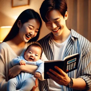 신생아와 행복한 신혼부부모습