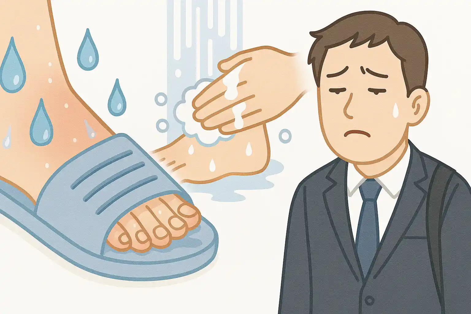 땀 많은 발, 욕실 슬리퍼를 가족이 함께 사용하는 장면, 발을 대충 씻는 모습, 면역력이 약한 사람(피곤한 표정의 직장인)
